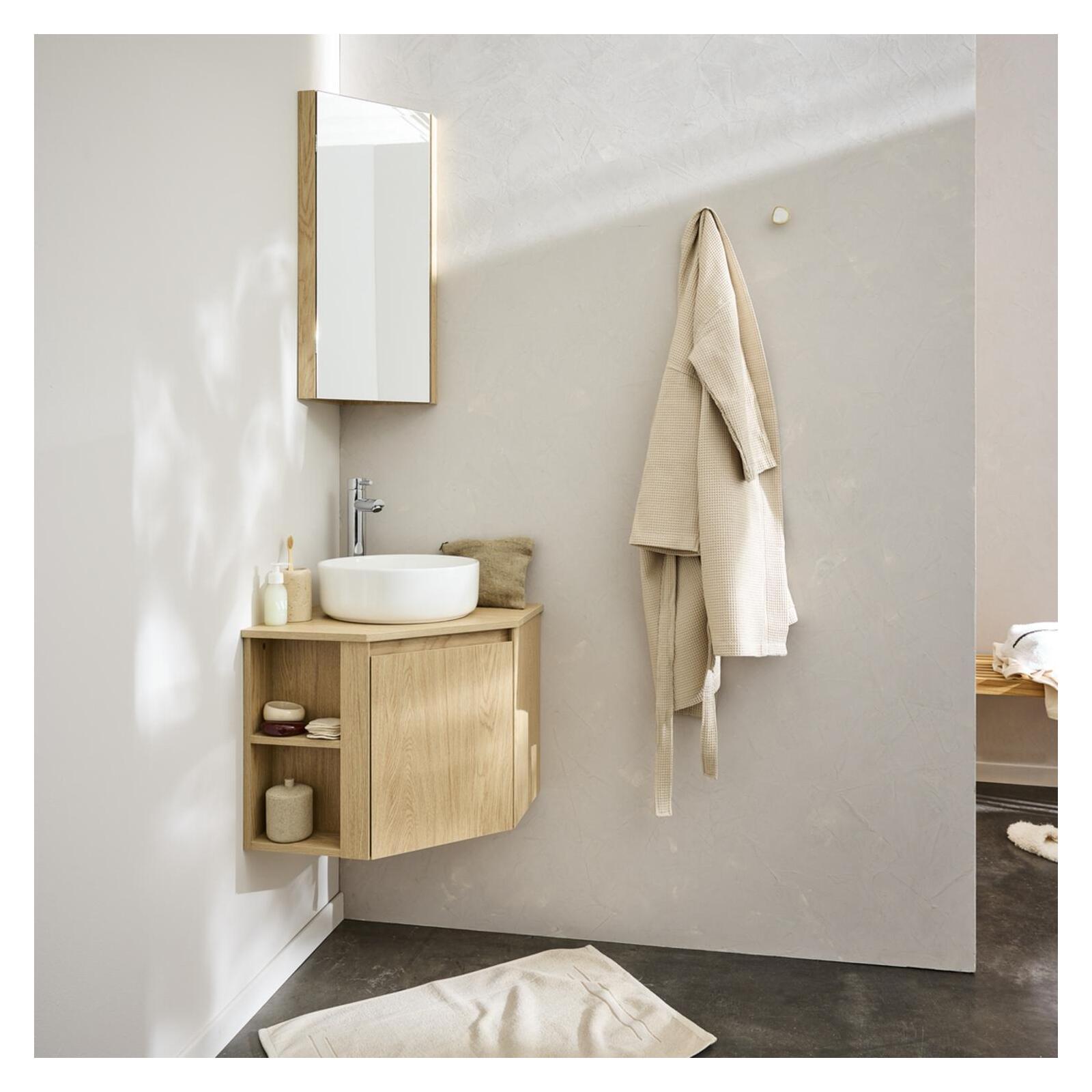 Ensemble meuble sous vasque d'angle + vasque DIEGO + robinet TAP + Armoire de toilette d'angle CLEO