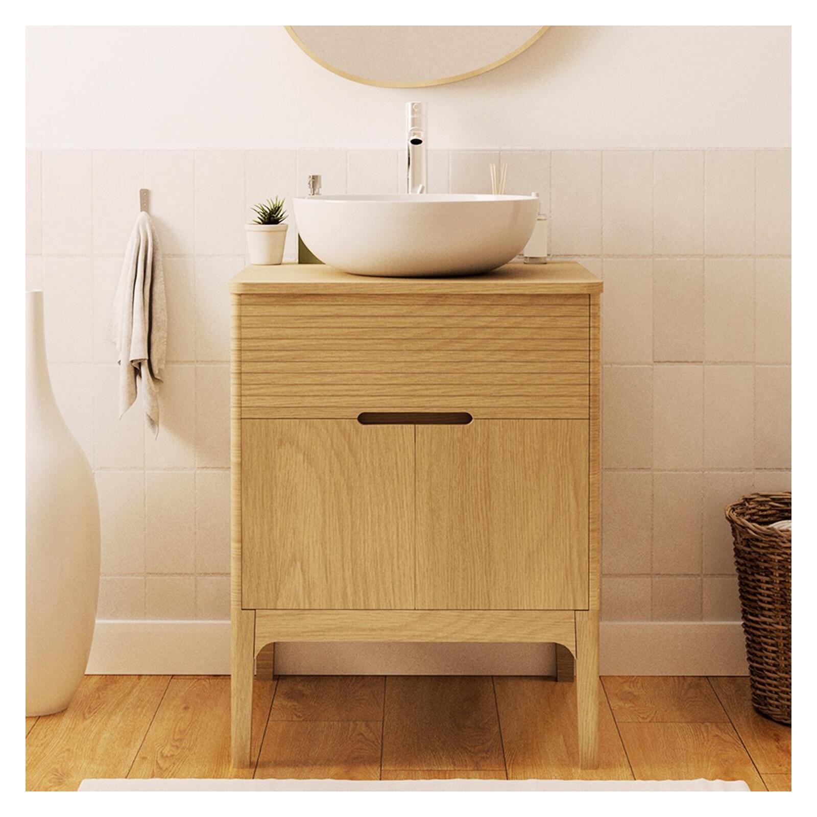 Ensemble meuble simple vasque 60 cm chêne naturel + vasque Ensemble meuble simple vasque 60 cm chêne naturel + vasque