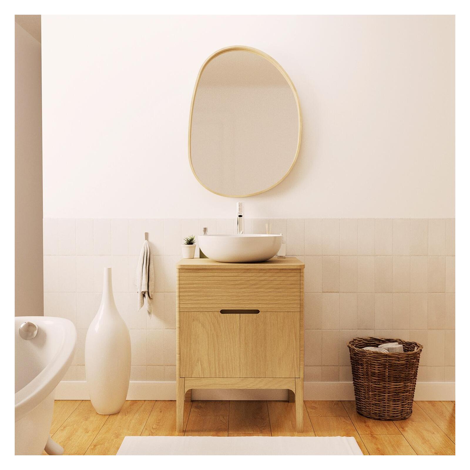 Ensemble meuble simple vasque 60 cm chêne naturel + vasque + robinet + miroir Ensemble meuble simple vasque 60 cm chêne naturel + vasque + robinet + miroir