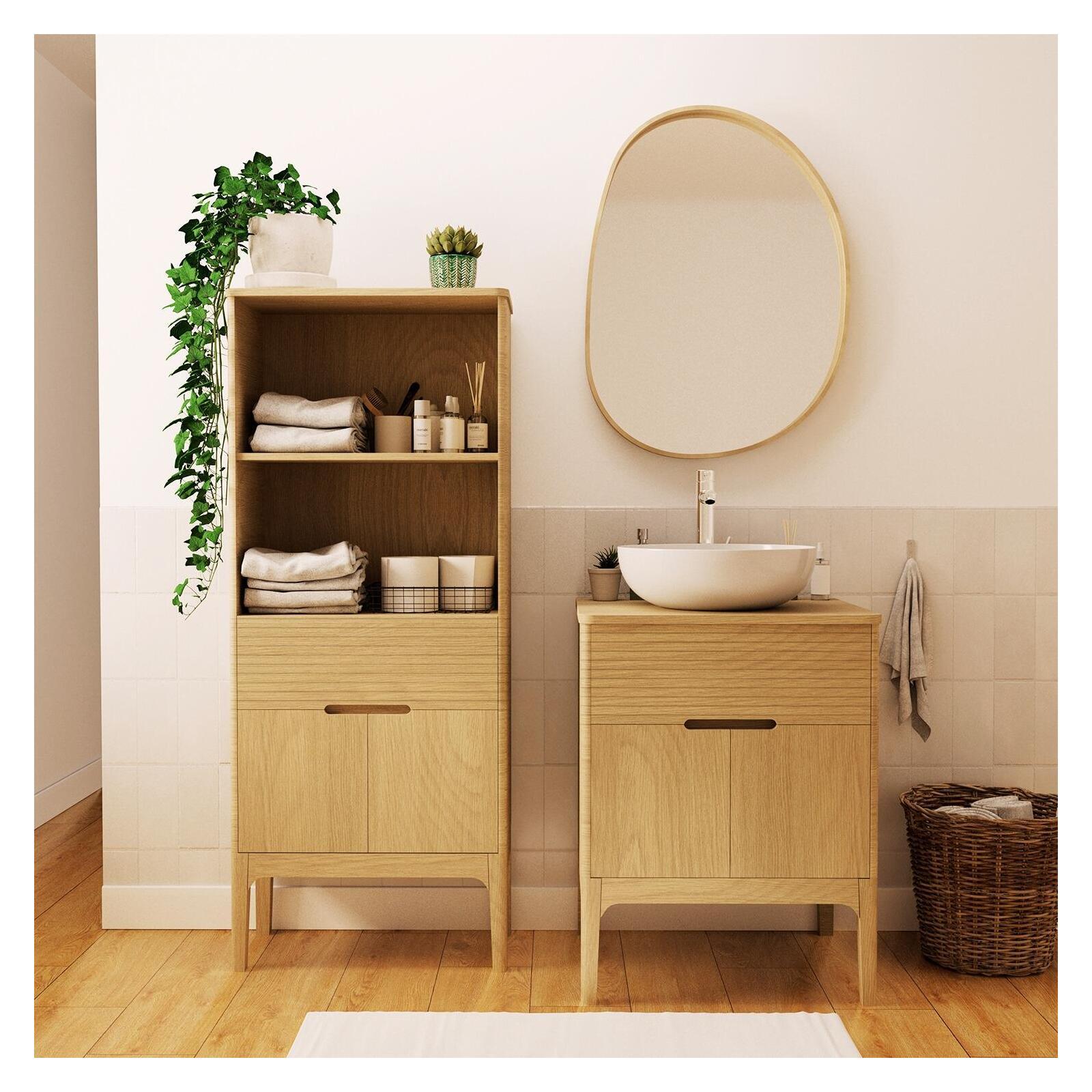 Ensemble meuble simple vasque 60 cm chêne naturel + vasque + robinet + miroir + colonne