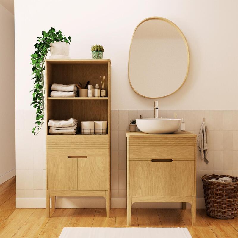 Ensemble meuble simple vasque 60 cm chêne naturel + vasque + robinet + miroir + colonne