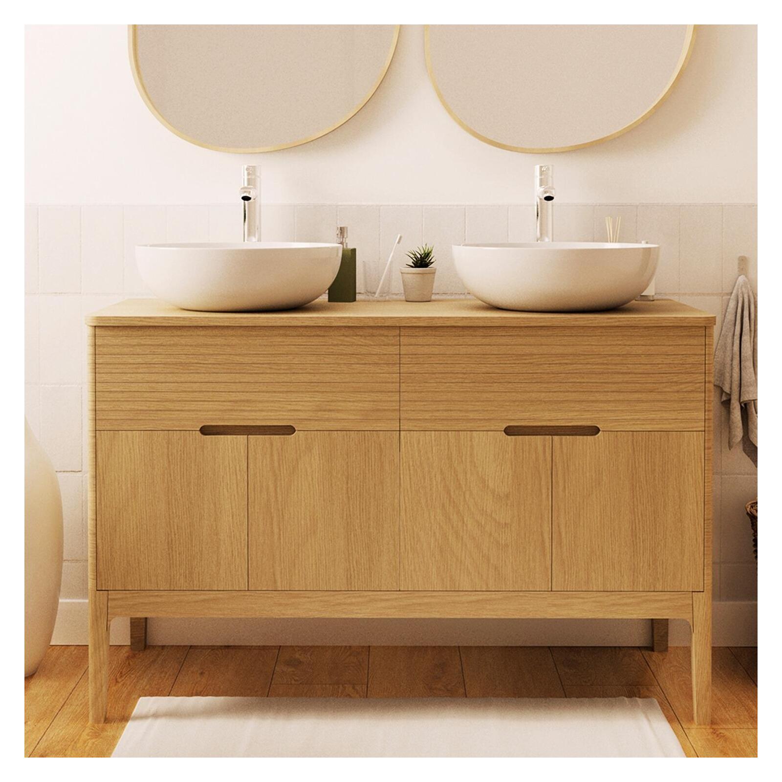 Ensemble meuble double vasque 120 cm chêne naturel + 2 vasques Ensemble meuble double vasque 120 cm chêne naturel + 2 vasques