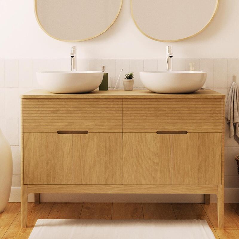 Ensemble meuble double vasque 120 cm chêne naturel + 2 vasques + 2 robinets