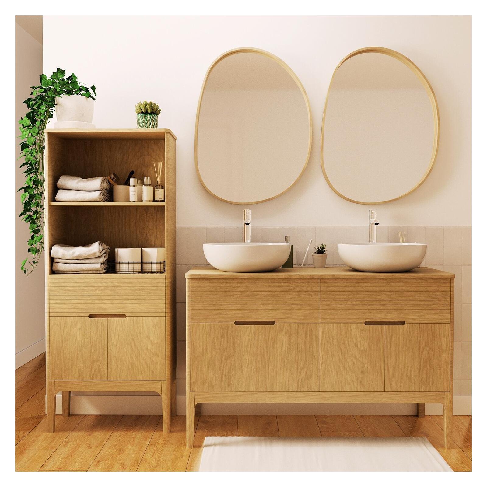 Ensemble meuble double vasque 120 cm chêne naturel + 2 vasques + 2 robinets + 2 miroirs + colonne