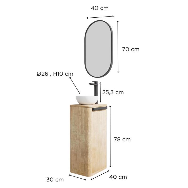 Ensemble meuble lave-mains TOM + vasque MAUD + robinet ROB + miroir PEPPER