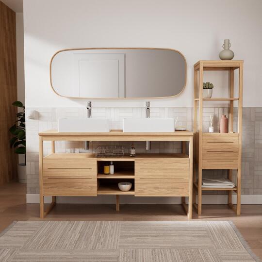 Ensemble meuble double vasque 140 cm + Vasques + Robinets + Miroir + Colonne