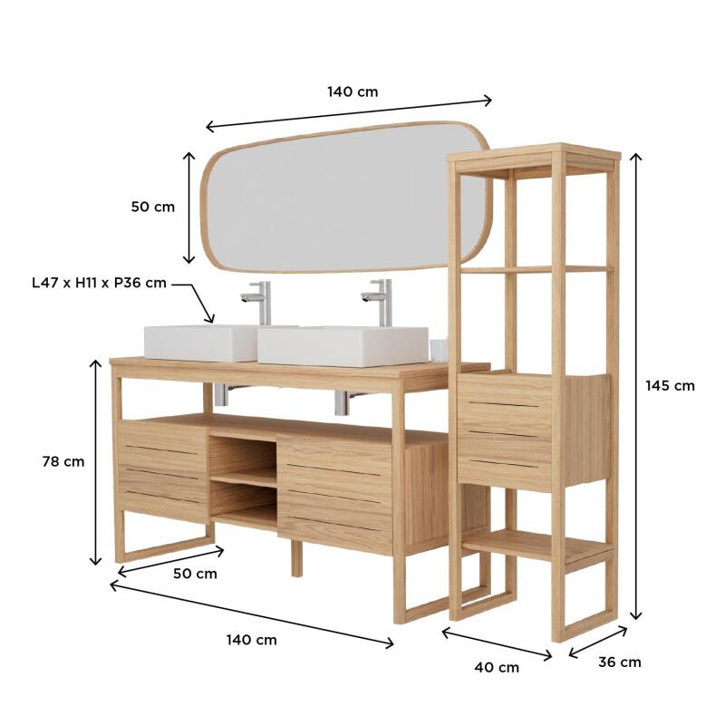 Ensemble meuble double vasque 140 cm + Vasques + Robinets + Miroir + Colonne