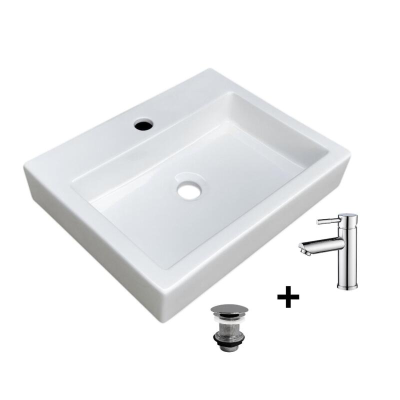 Vasque à poser rectangulaire PADI + robinet TAP + bonde LIV