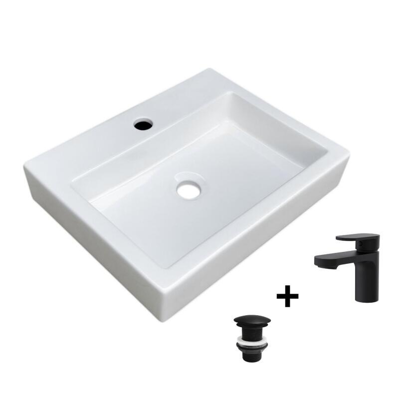 Vasque à poser rectangulaire 48x38cm PADI + robinet ROB + bonde LIV