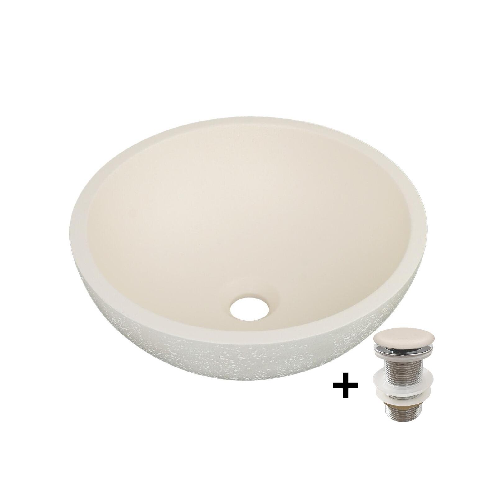 Vasque à poser bol en béton travertin 36,2x36,2cm FLORE + bonde JAMES