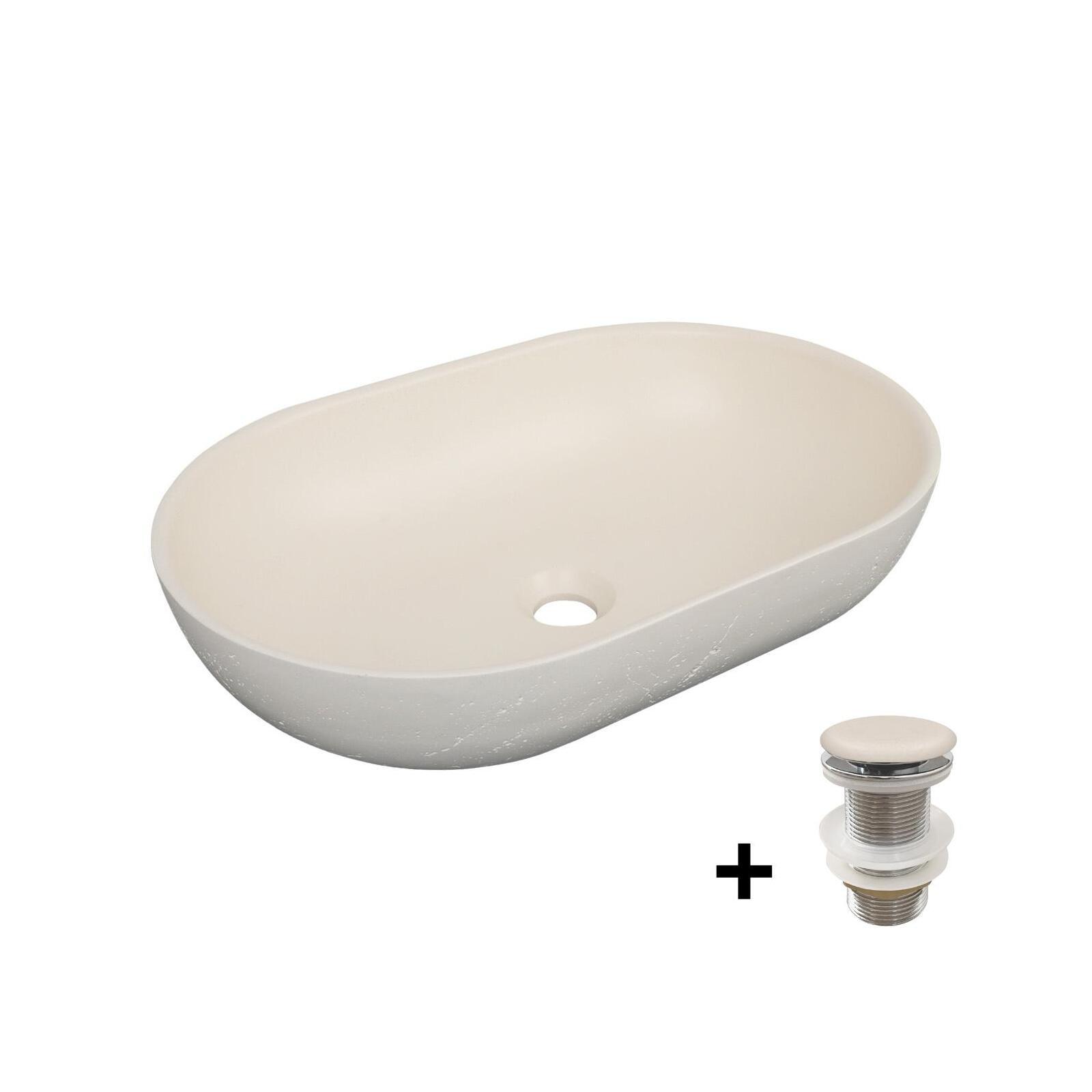 Vasque à poser ovale en béton travertin 53x35cm FLORE + bonde JAMES