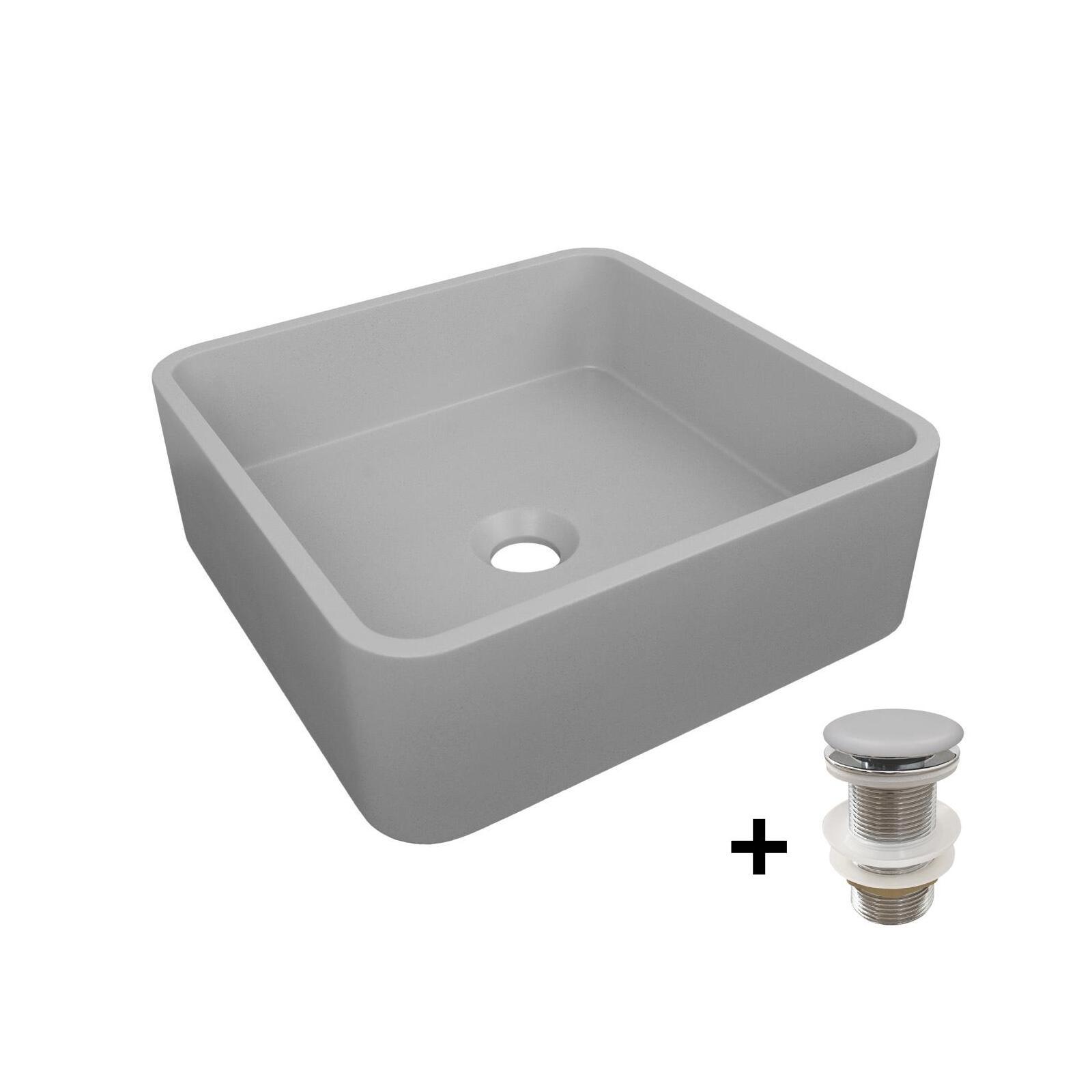 Vasque à poser carrée en béton brossé 36x36cm ARTEA + bonde JAMES