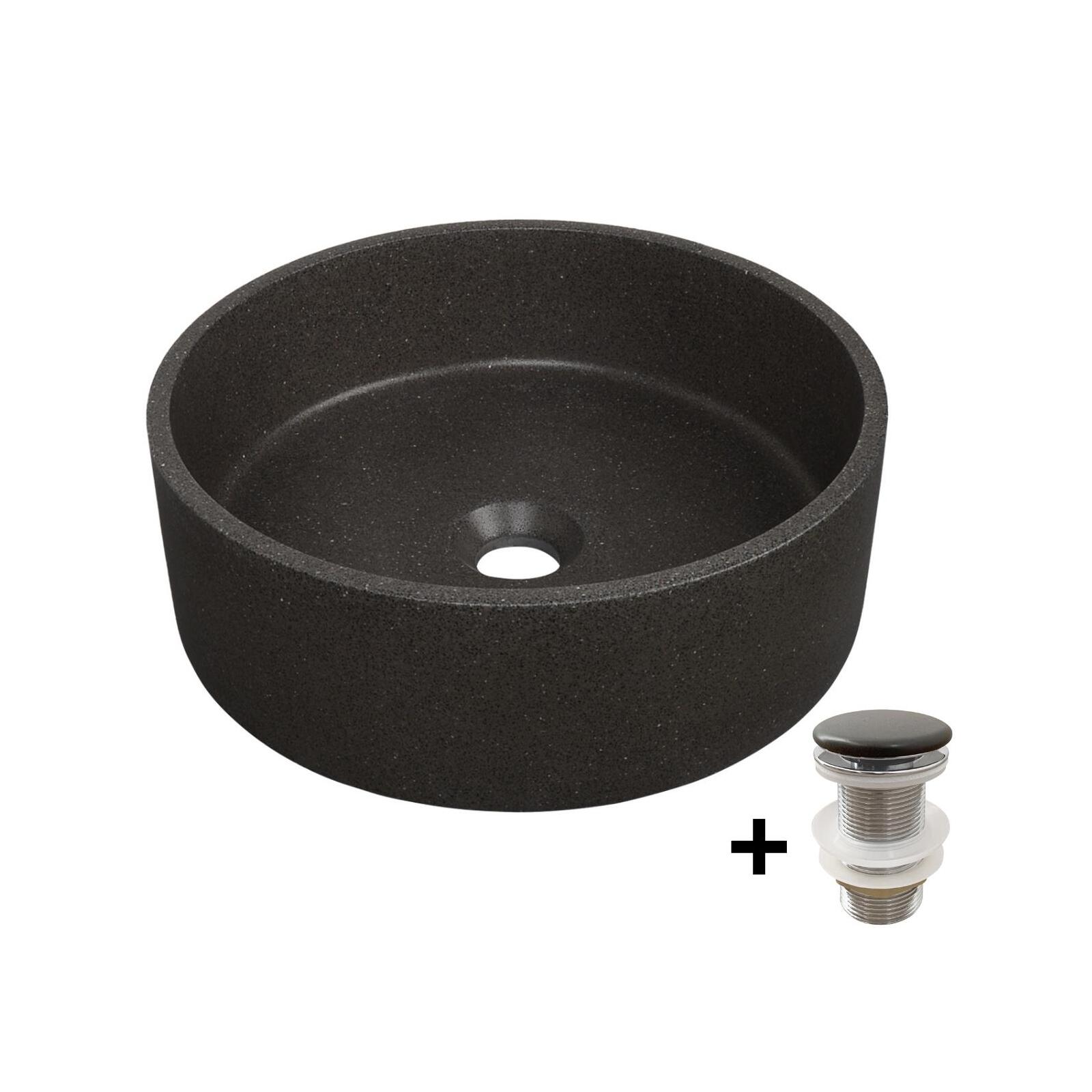 Vasque à poser ronde en grès SANDY + bonde JAMES