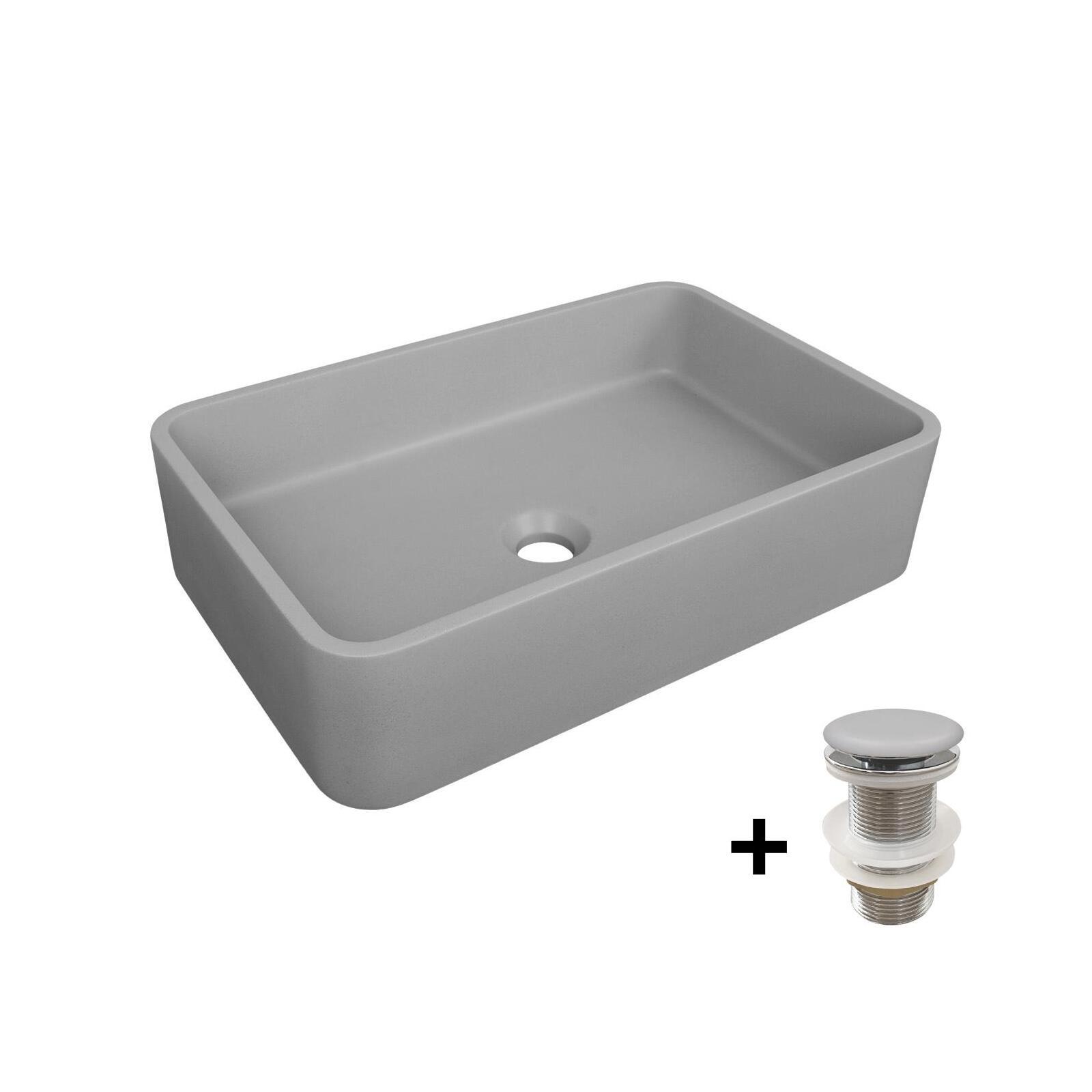 Vasque à poser rectangulaire en béton lisse 50x32,5cm ALAN + bonde JAMES