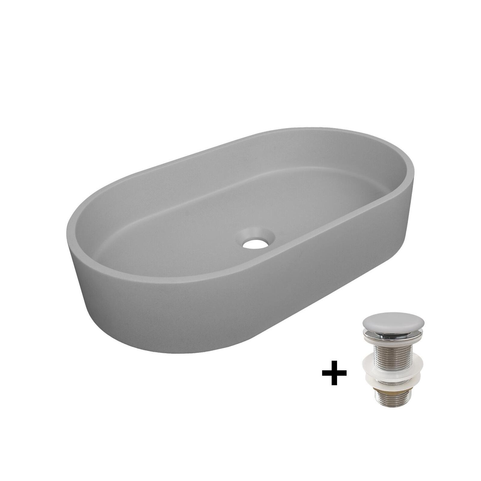 Vasque à poser ovale en béton lisse 60x35cm ALAN + bonde JAMES