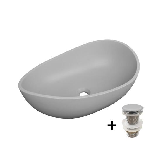 Vasque à poser organique en béton lisse 57x37cm IRIS + bonde JAMES