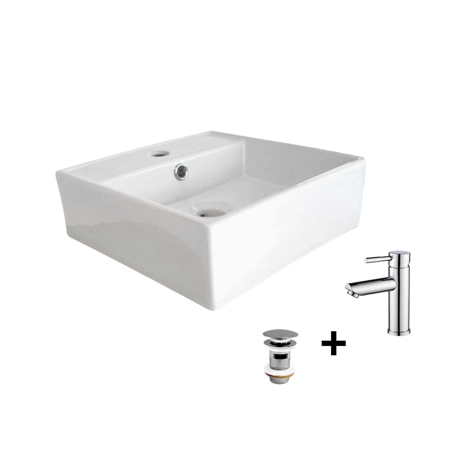 Vasque à poser carrée 38x38cm NINO + robinet TAP + bonde CLINT