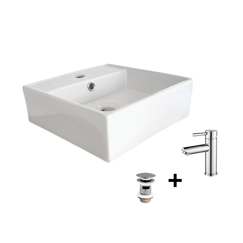 Vasque à poser carrée 38x38cm NINO + robinet TAP + bonde CLINT