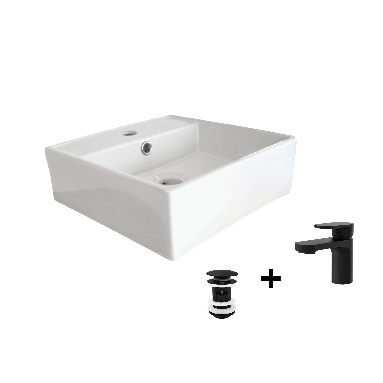 Vasque à poser carrée NINO + robinet ROB + bonde CLINT