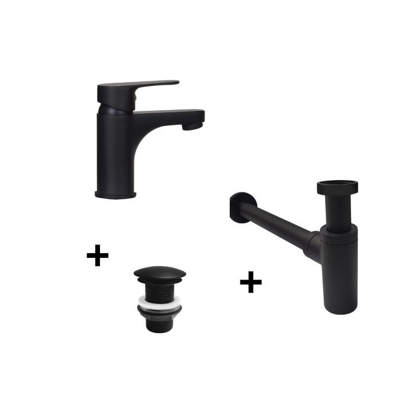 Robinet bec bas noir GRIFO + bonde sans trop plein LIV + siphon SIMON