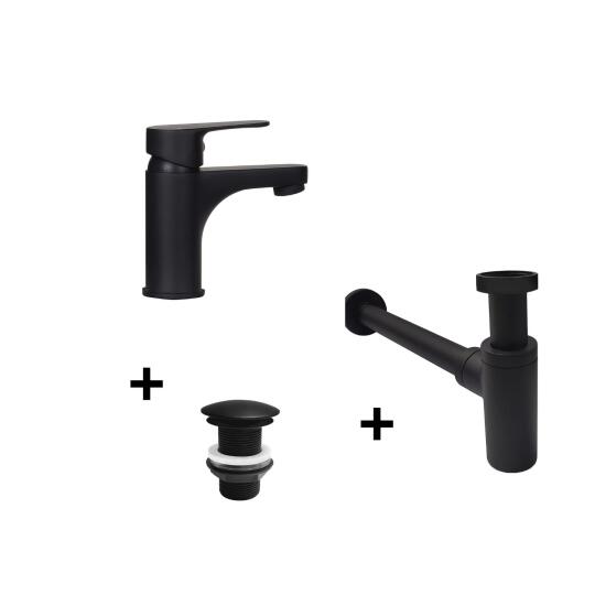 Robinet bec bas noir GRIFO + bonde sans trop plein LIV + siphon SIMON