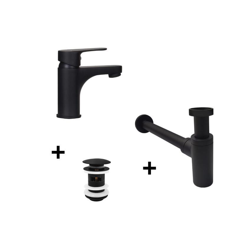Robinet noir GRIFO + bonde avec trop plein CLINT + siphon SIMON