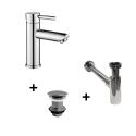 Robinet bec bas chromé TAP + bonde sans trop plein LIV + siphon SIMON