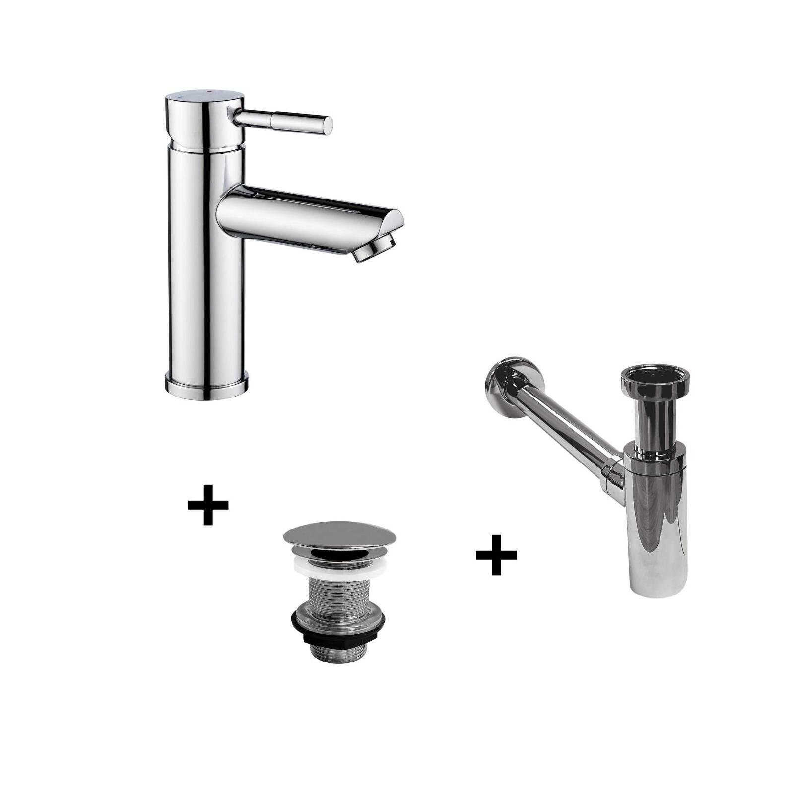 Robinet bec bas chromé TAP + bonde sans trop plein LIV + siphon SIMON