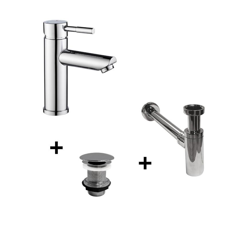 Robinet bec bas chromé TAP + bonde sans trop plein LIV + siphon SIMON