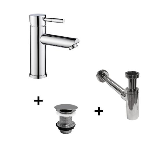Robinet bec bas chromé TAP + bonde sans trop plein LIV + siphon SIMON
