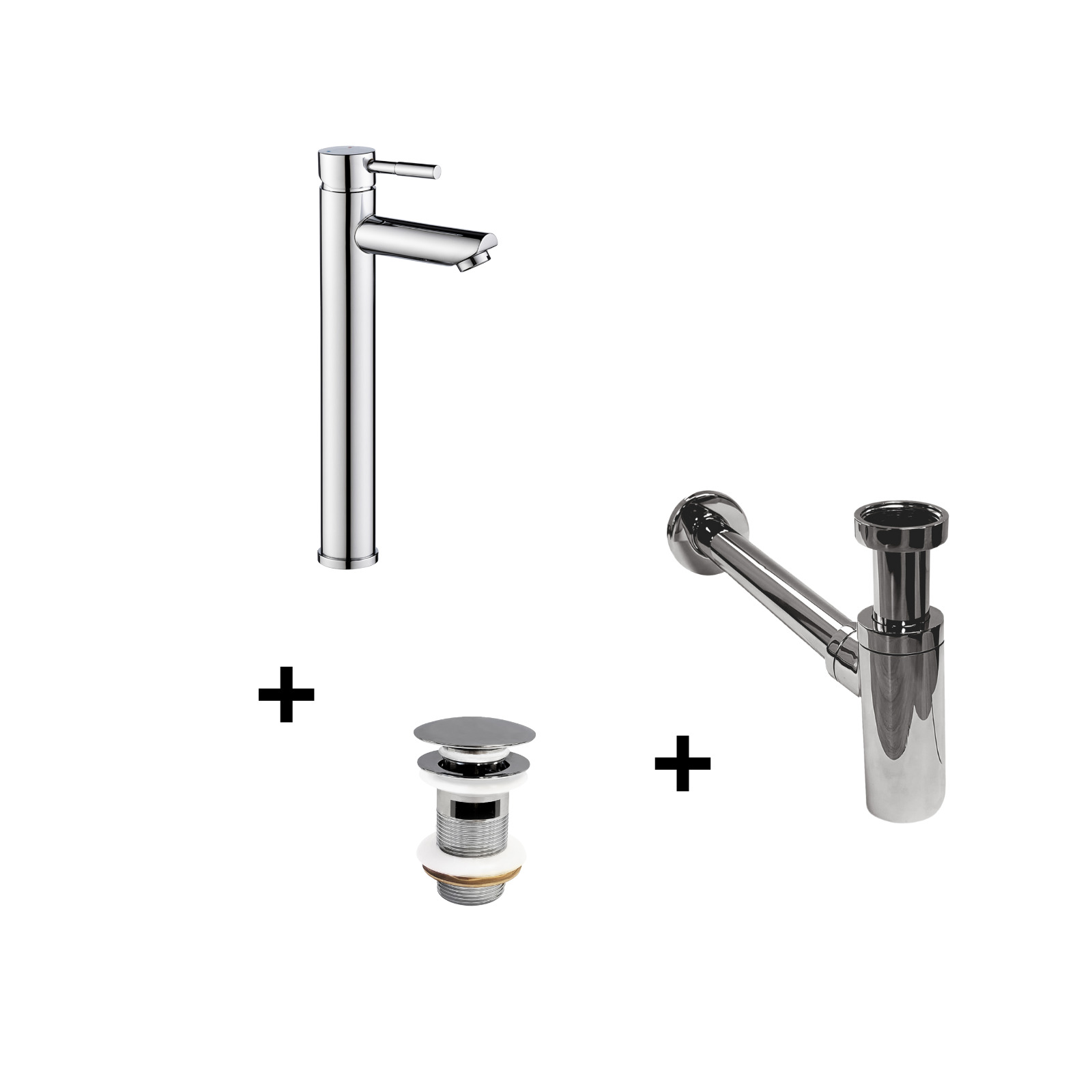 Robinet bec haut chromé TAP + bonde avec trop plein CLINT + siphon SIMON