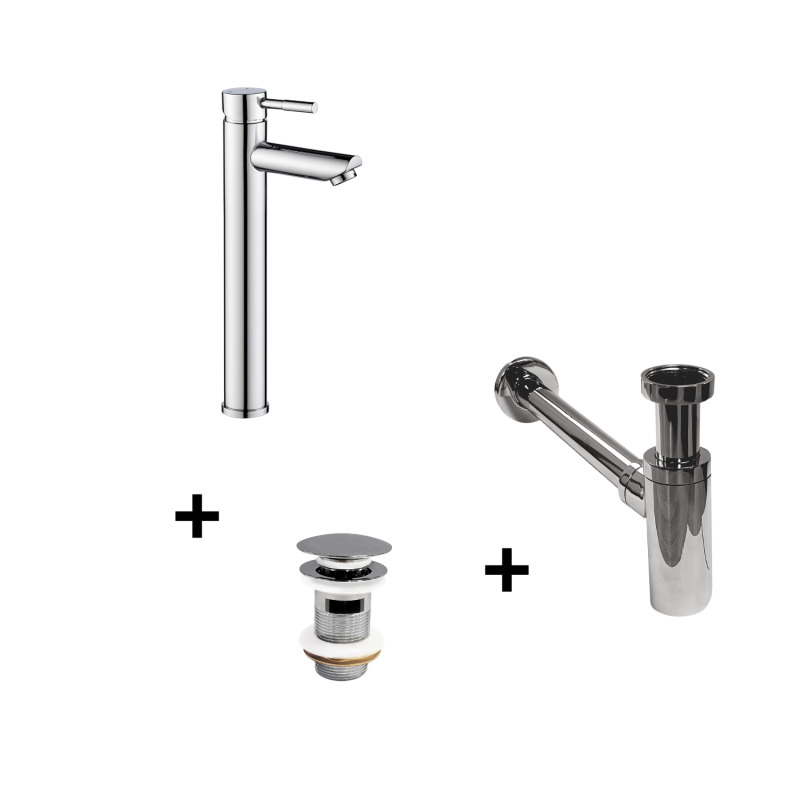 Robinet bec haut chromé TAP + bonde avec trop plein CLINT + siphon SIMON