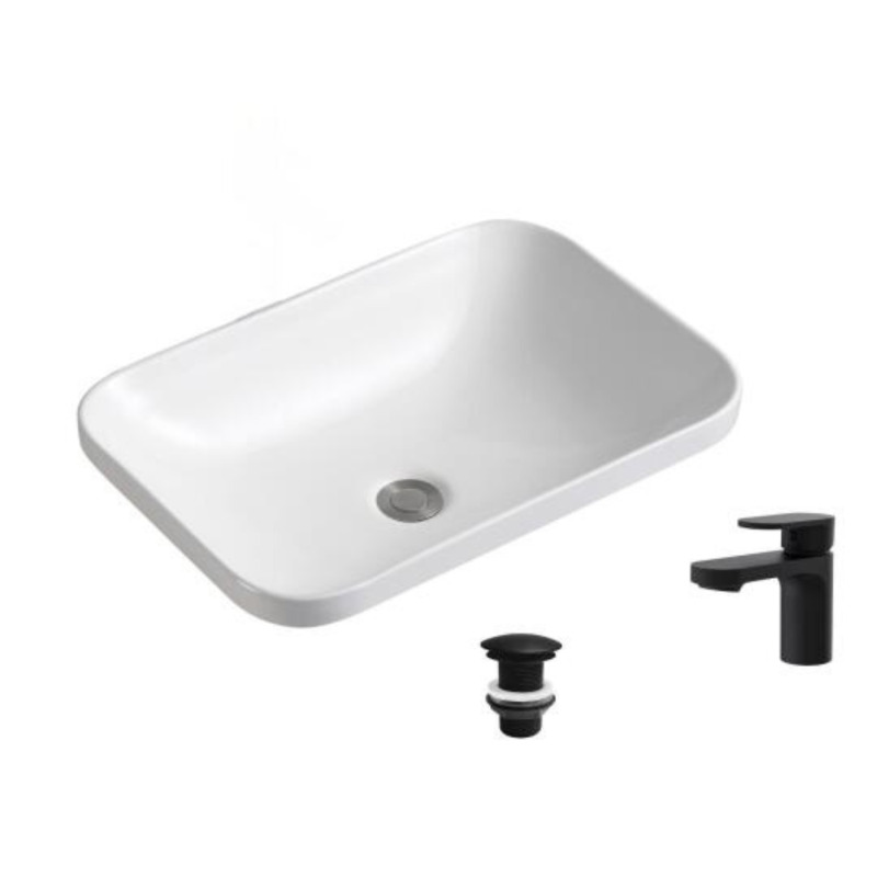 Vasque à encastrer rectangulaire 53x37cm PALMA + robinet ROB + bonde LIV