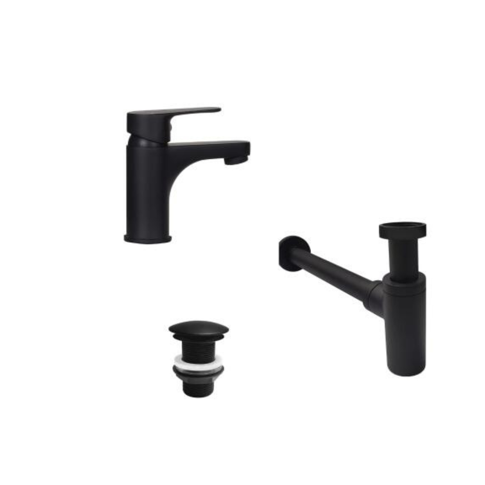 Robinet bec bas noir GRIFO + bonde sans trop plein LIV + siphon SIMON