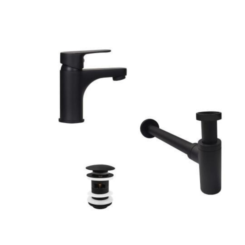 Robinet noir GRIFO + bonde avec trop plein CLINT + siphon SIMON