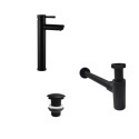 Robinet bec haut noir GRIFO + bonde sans trop plein LIV + siphon SIMON