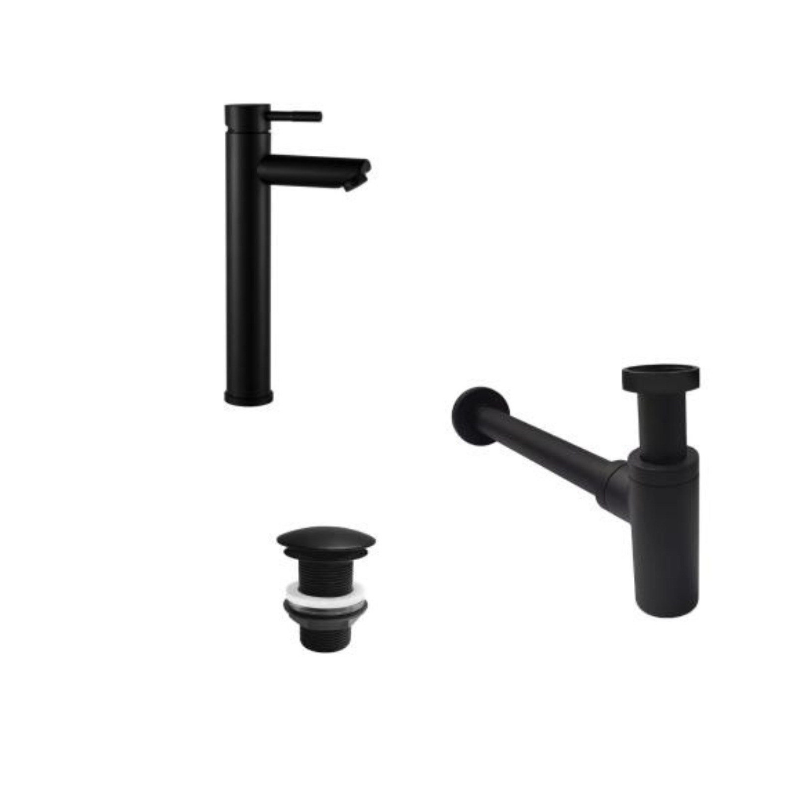 Robinet bec haut noir GRIFO + bonde sans trop plein LIV + siphon SIMON