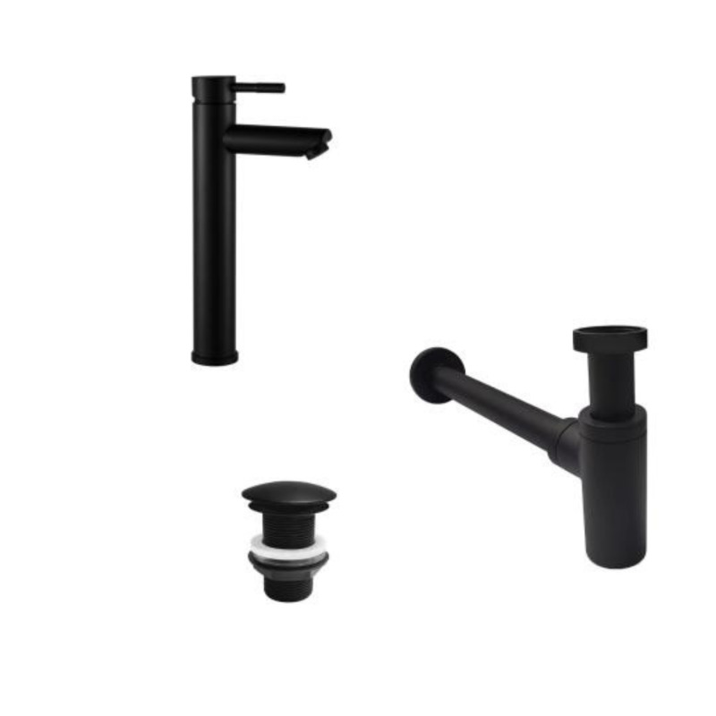 Robinet bec haut noir GRIFO + bonde sans trop plein LIV + siphon SIMON