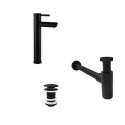 Robinet bec haut noir GRIFO + bonde avec trop plein CLINT + siphon SIMON