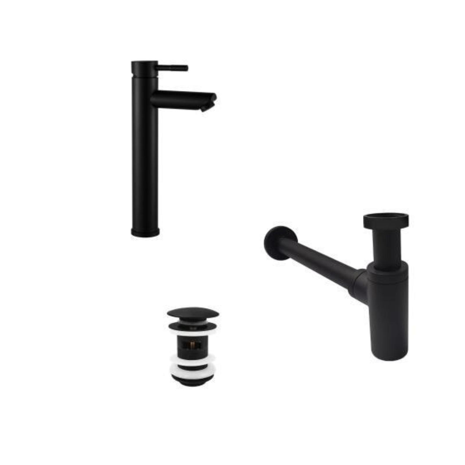 Robinet bec haut noir GRIFO + bonde avec trop plein CLINT + siphon SIMON