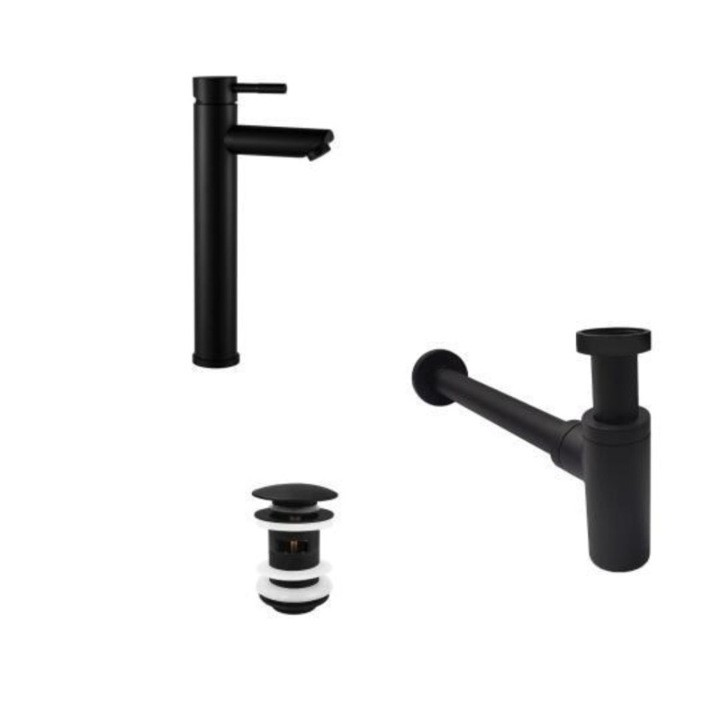 Robinet bec haut noir GRIFO + bonde avec trop plein CLINT + siphon SIMON