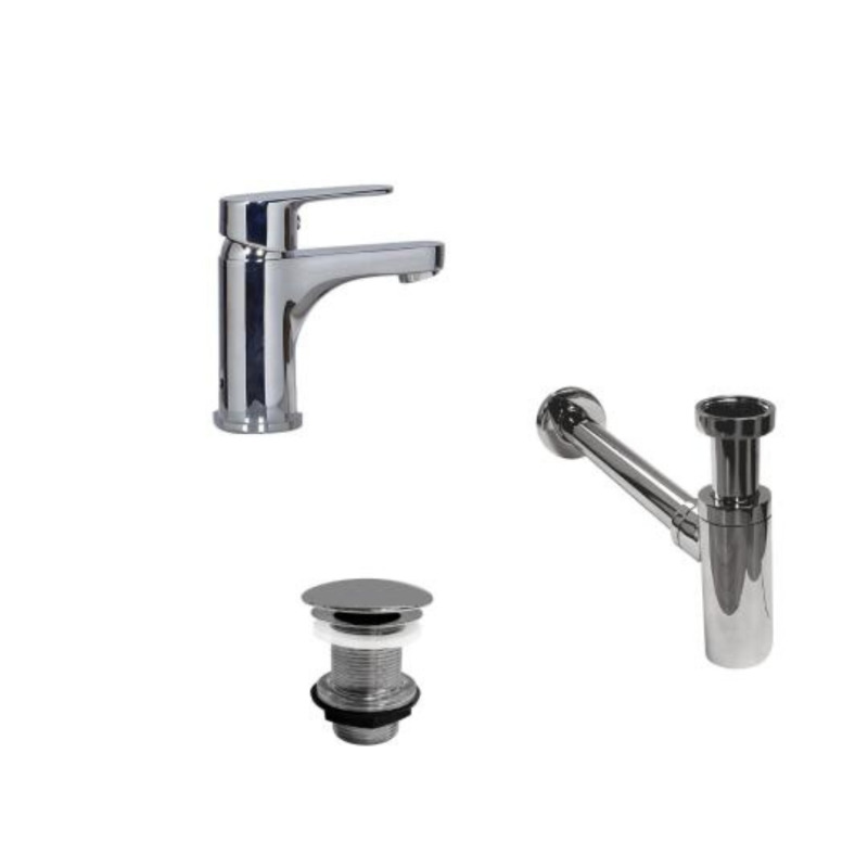 Robinet bec bas chromé TAP + bonde sans trop plein LIV + siphon SIMON
