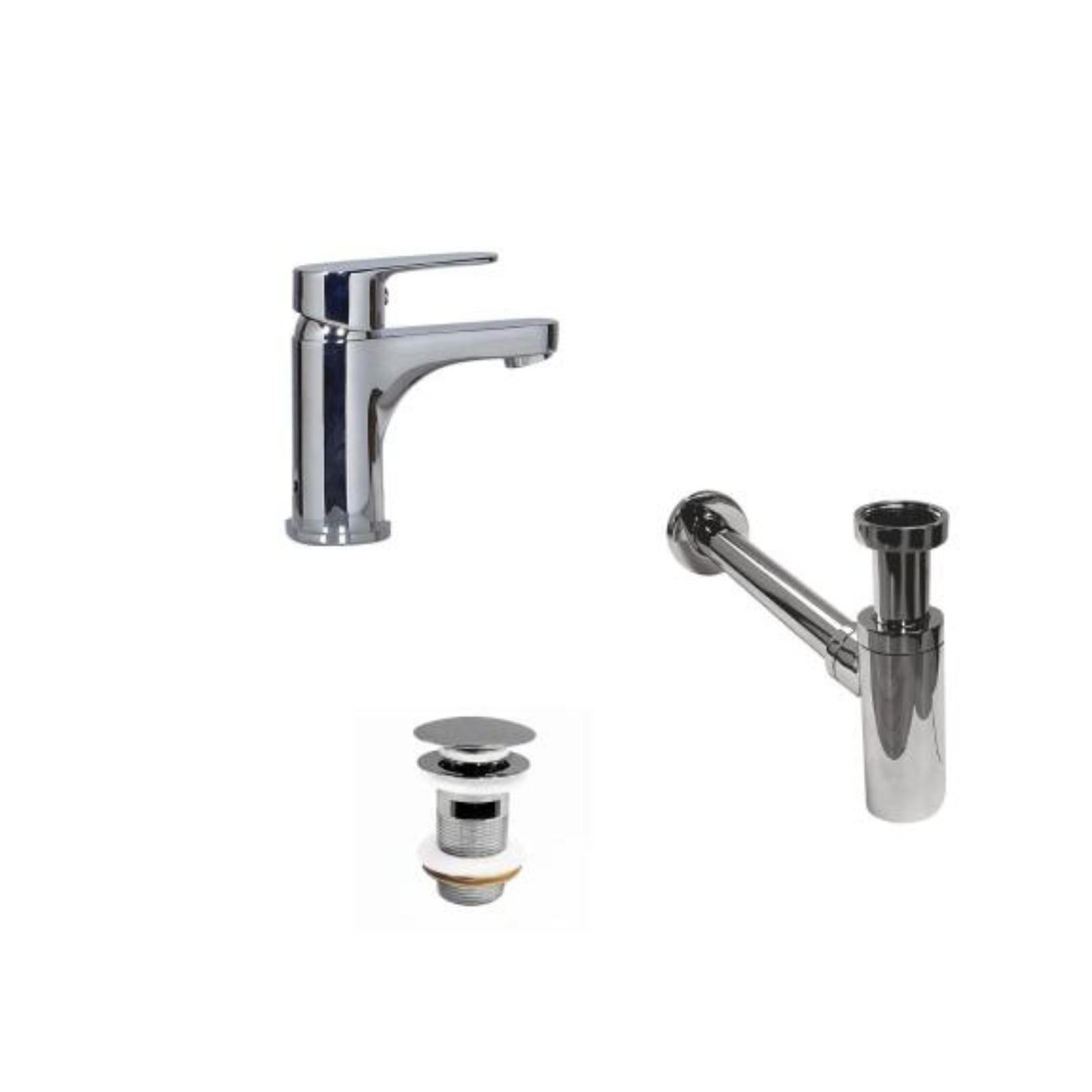 Robinet bec bas chromé TAP + bonde avec trop plein CLINT + siphon SIMON Robinet bec bas chromé TAP + bonde avec trop plein CLINT + siphon SIMON