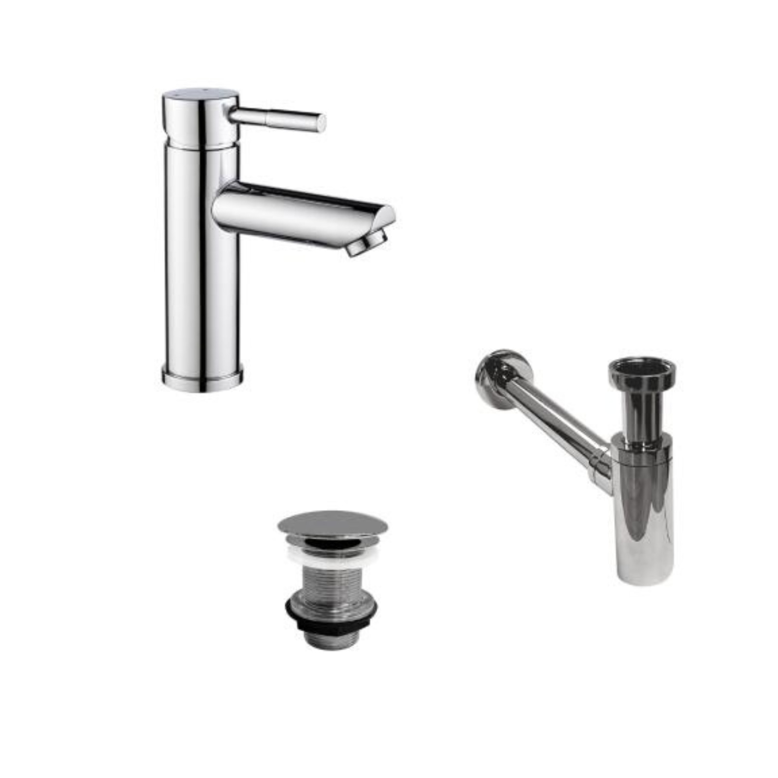 Robinet bec bas chromé TAP + bonde sans trop plein LIV + siphon SIMON