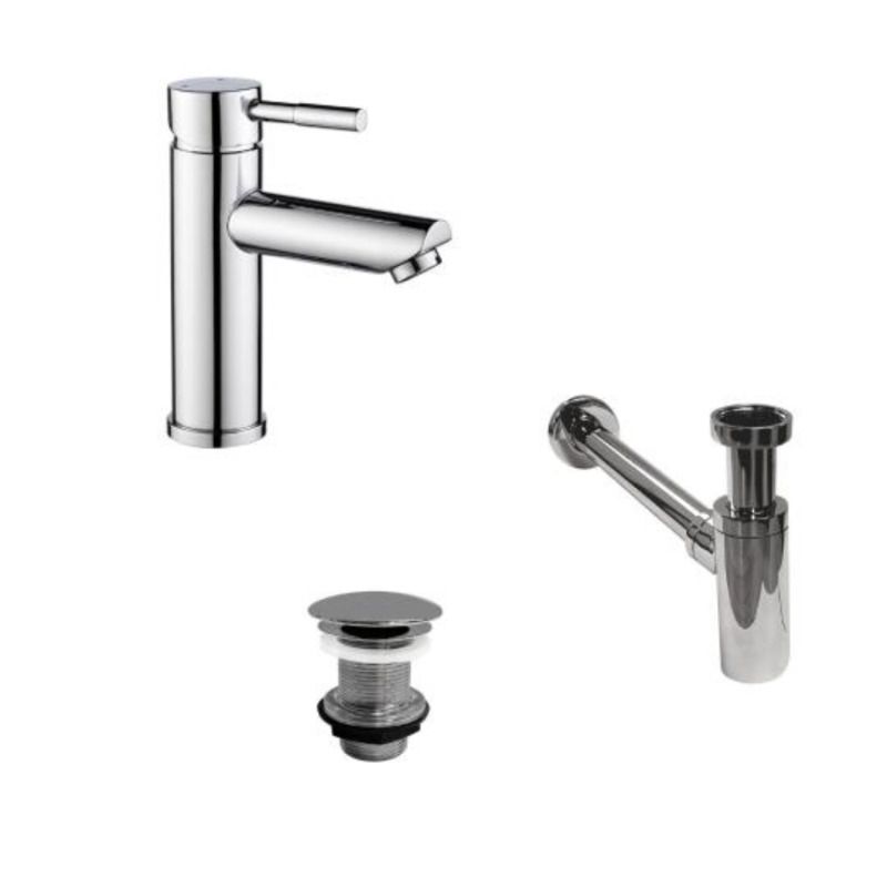 Robinet bec bas chromé TAP + bonde sans trop plein LIV + siphon SIMON