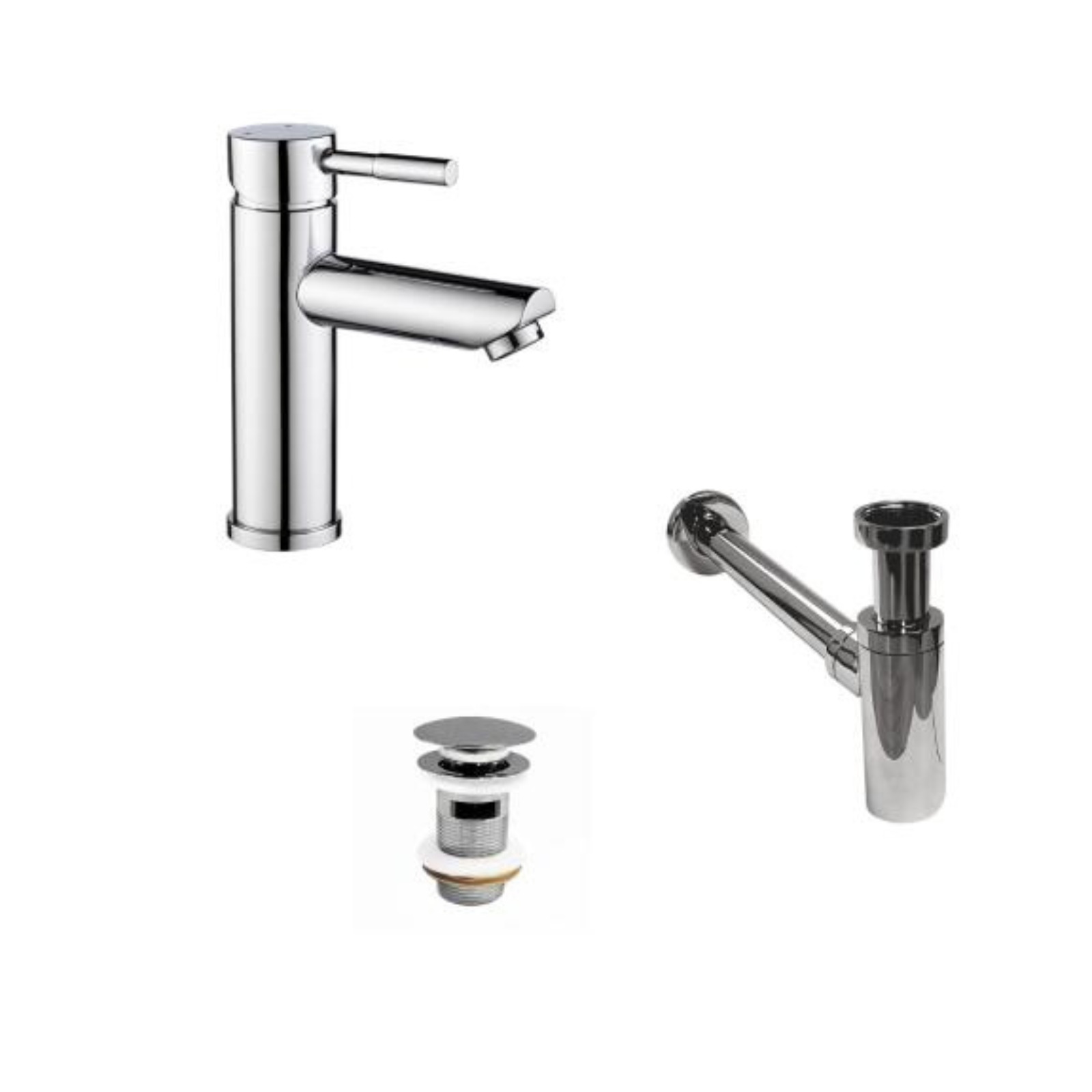 Robinet bec bas chromé TAP + bonde avec trop plein CLINT + siphon SIMON