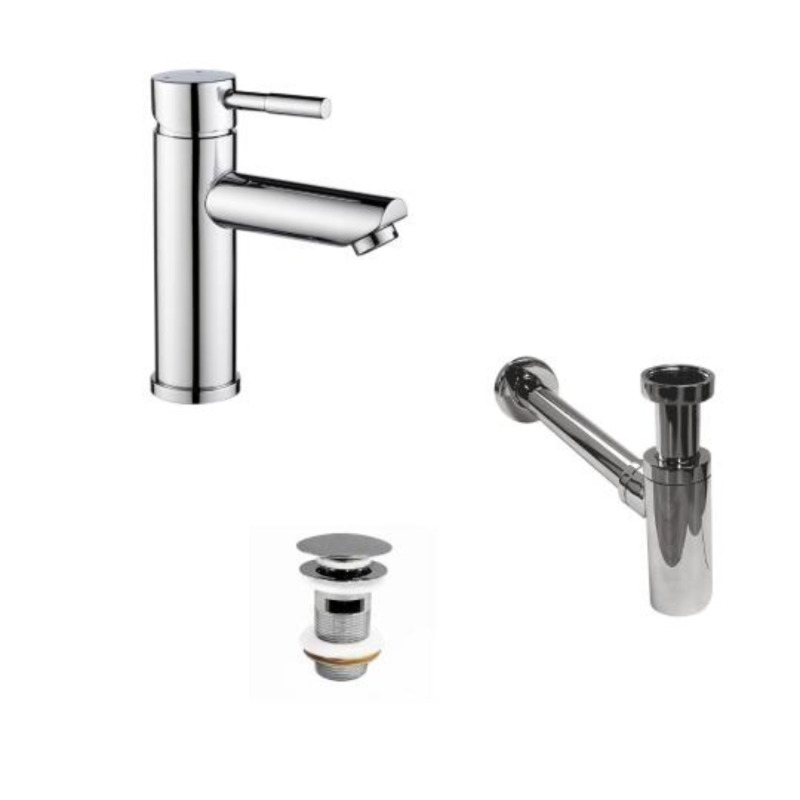 Robinet bec bas chromé TAP + bonde avec trop plein CLINT + siphon SIMON