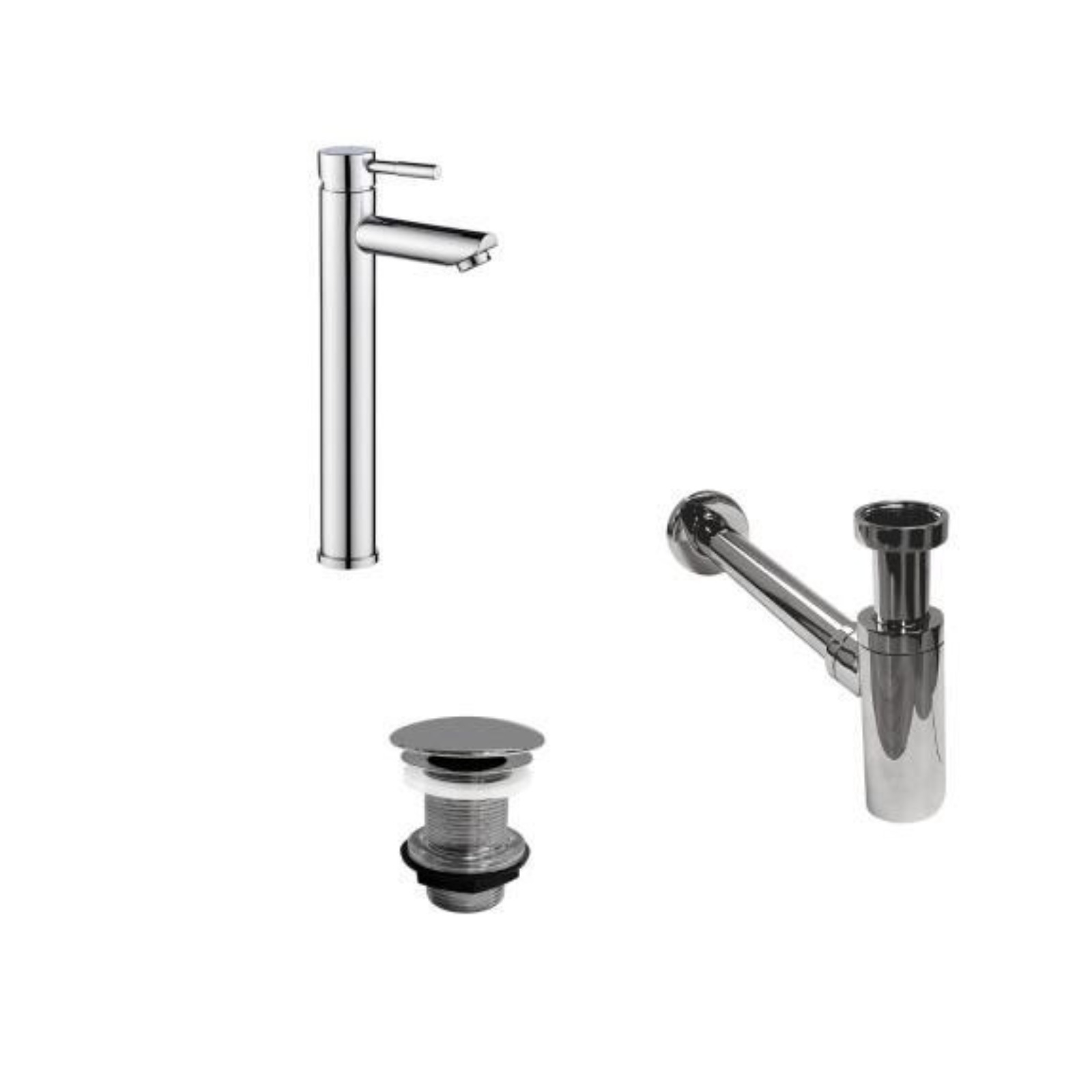 Robinet bec haut chromé TAP + bonde sans trop plein LIV + siphon SIMON