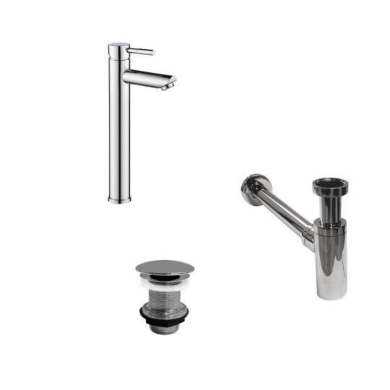 Robinet bec haut chromé TAP + bonde sans trop plein LIV + siphon SIMON