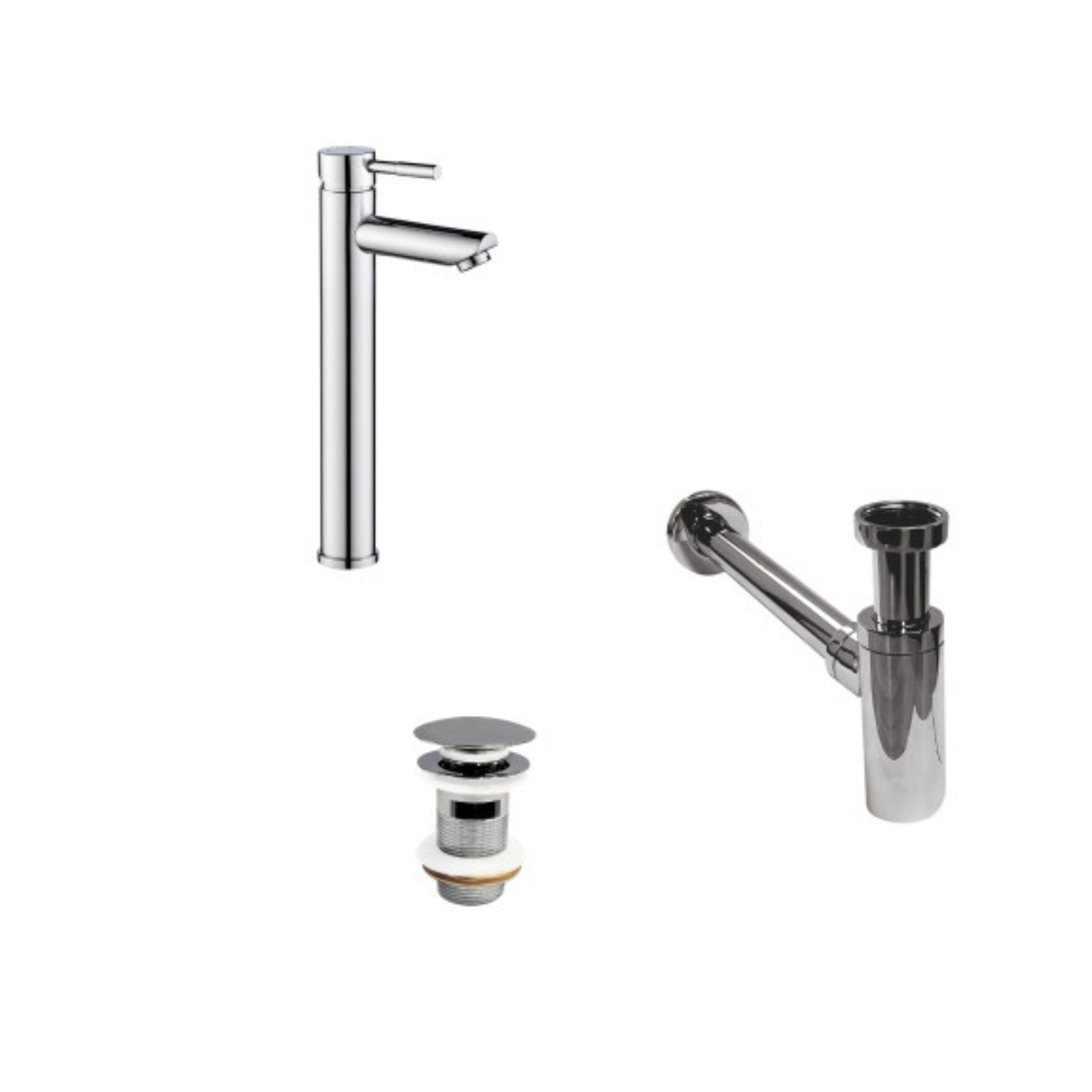 Robinet bec haut chromé TAP + bonde avec trop plein CLINT + siphon SIMON